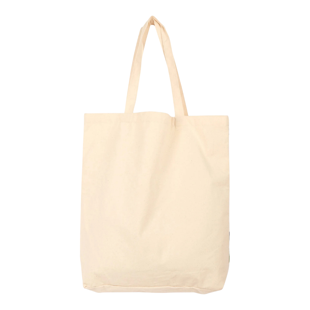 A plain canvas tote bag in a light cream or off-white color, shown against a solid white background.
