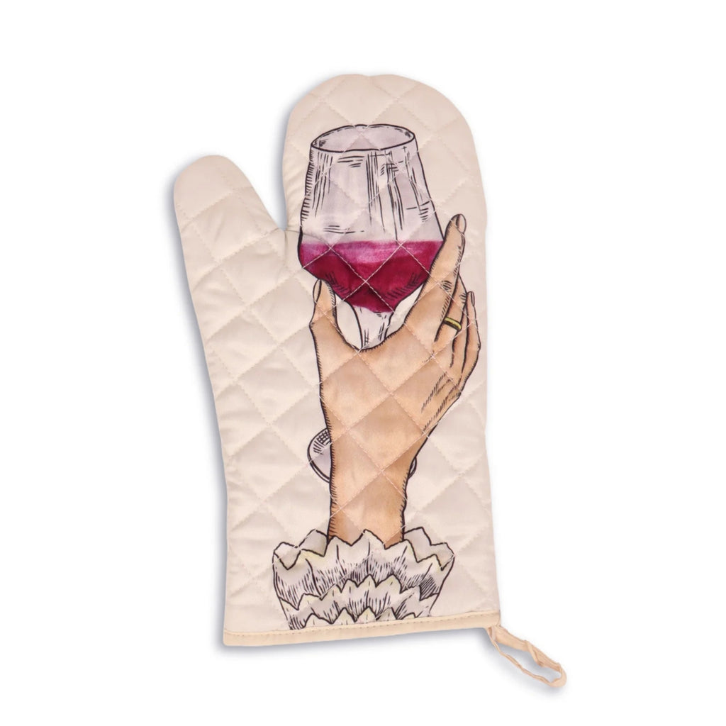 A quilted oven mitt in a warm cream color, featuring an illustration of a hand holding a glass of red wine, set against a plain white background.