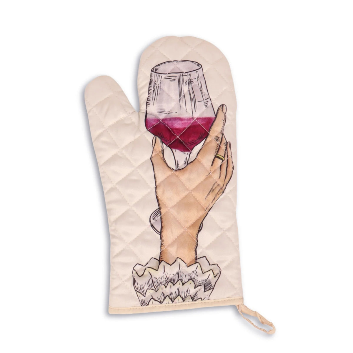 A quilted oven mitt in a warm cream color, featuring an illustration of a hand holding a glass of red wine, set against a plain white background.