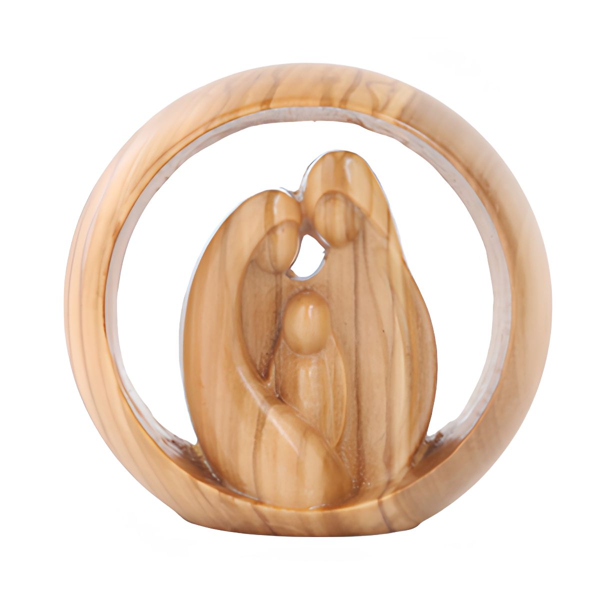 A carved olive wood sculpture of a mother and child embracing, set within a circular olive wood frame, on a plain white background.