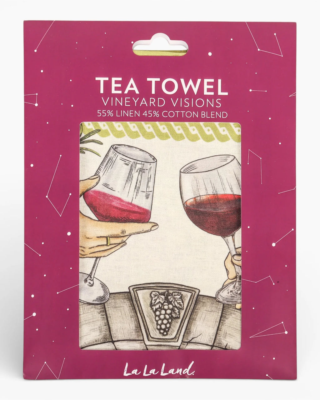 Tea towel packaging with illustration of wine glasses and grapes, brand 'La La Land' visible