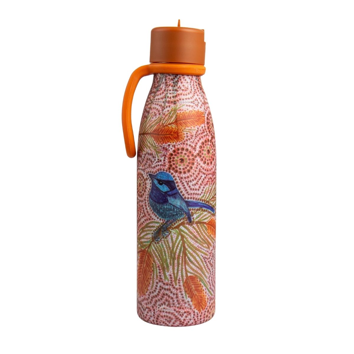 A reusable metal water bottle with a handle and screw cap, decorated with an orange and pink dot-art pattern and a blue bird illustration, shown on a plain white background.