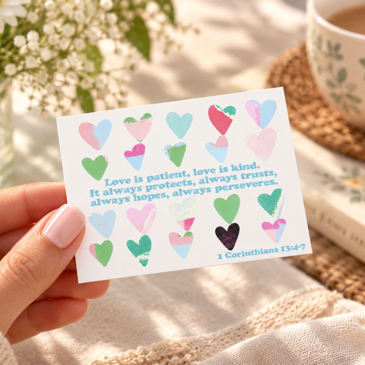 A hand with pink manicured nails holds a small white square card featuring colorful watercolor hearts and a Bible verse from 1 Corinthians 13:4-7. The background is a softly blurred cozy setting with a mug, book, and flowers.