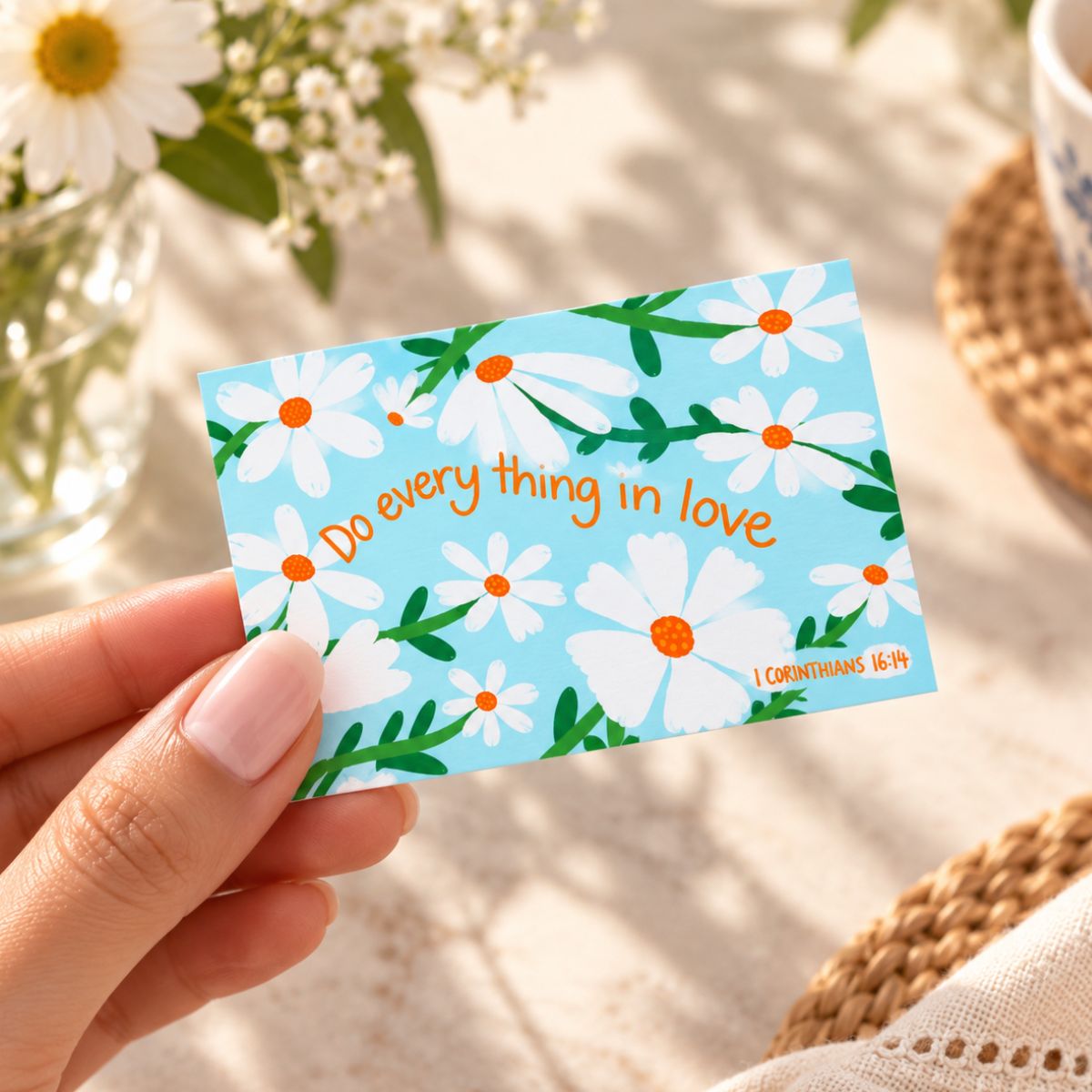 A hand holds a rectangular card with a light blue background, decorated with white daisies, green stems, and orange text that reads 'Do every thing in love' with '1 Corinthians 16:14' in the corner.
