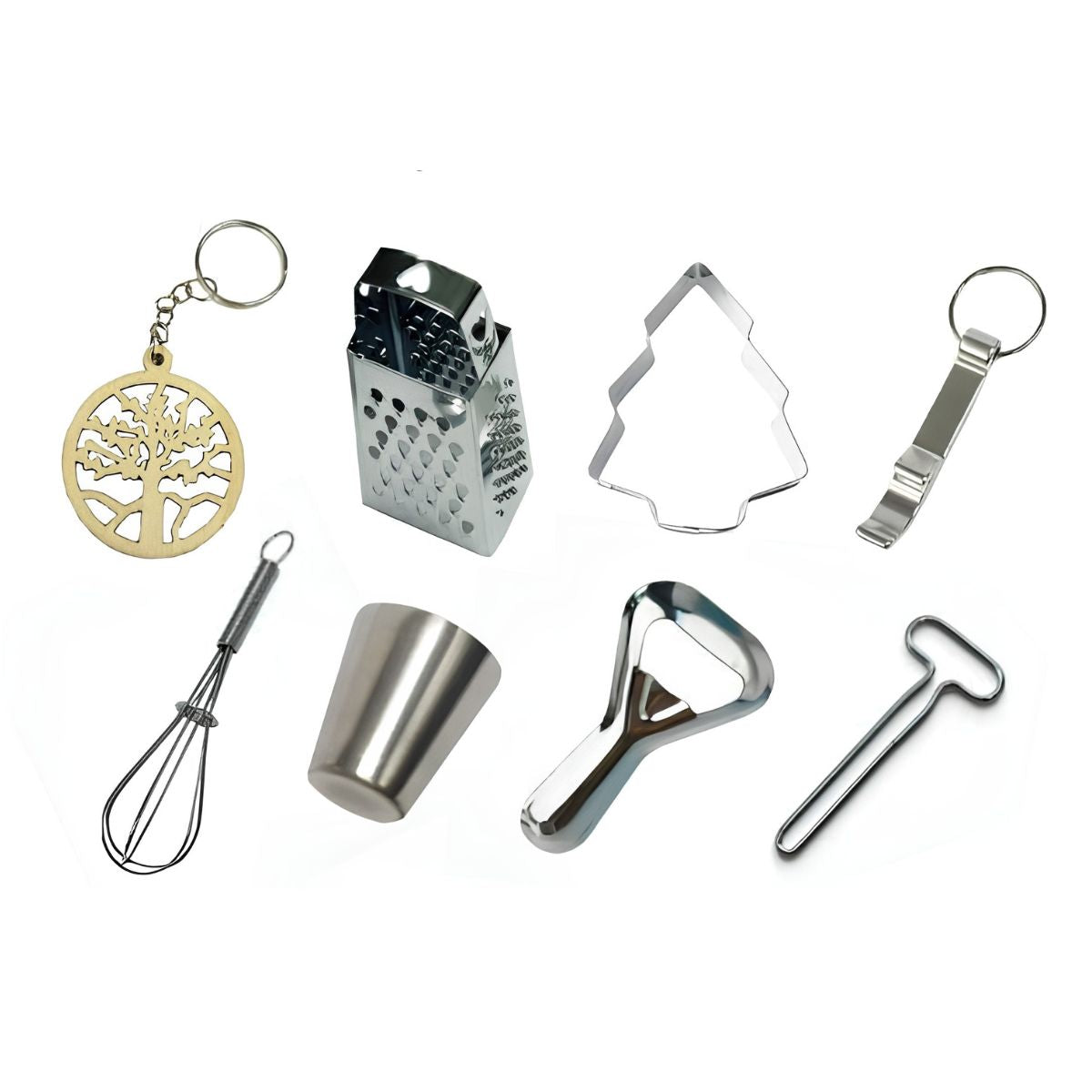 A set of eight stainless steel and gold kitchen keychain tools, including a tree-shaped keychain, a box grater, a Christmas tree cookie cutter, a bottle opener, a T-shaped utensil, a whisk, a cone-shaped tool, and a small metal container, arranged on a plain white background.