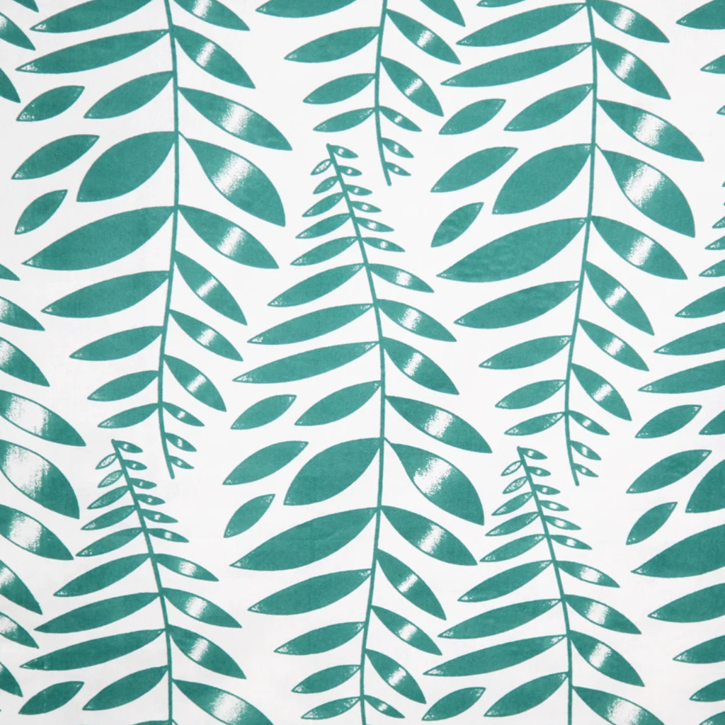 A close-up of a repeating botanical pattern featuring teal-green leafy vines on a white background.