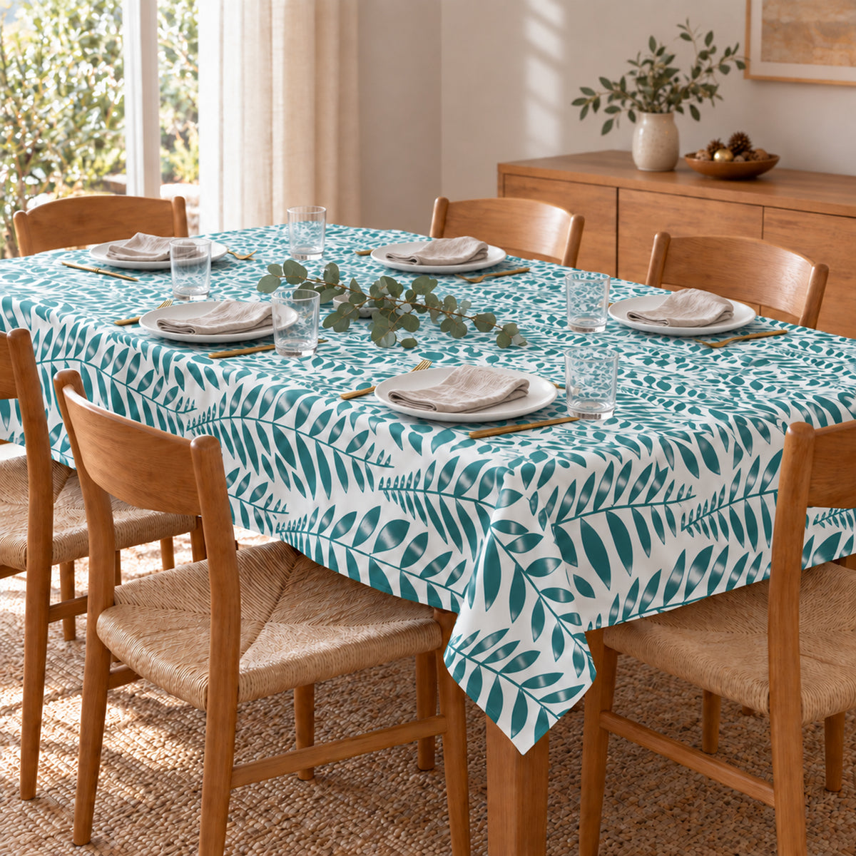 A rectangular dining table covered with a white tablecloth featuring a teal tropical leaf pattern, surrounded by wooden chairs in a bright, sunlit dining room.