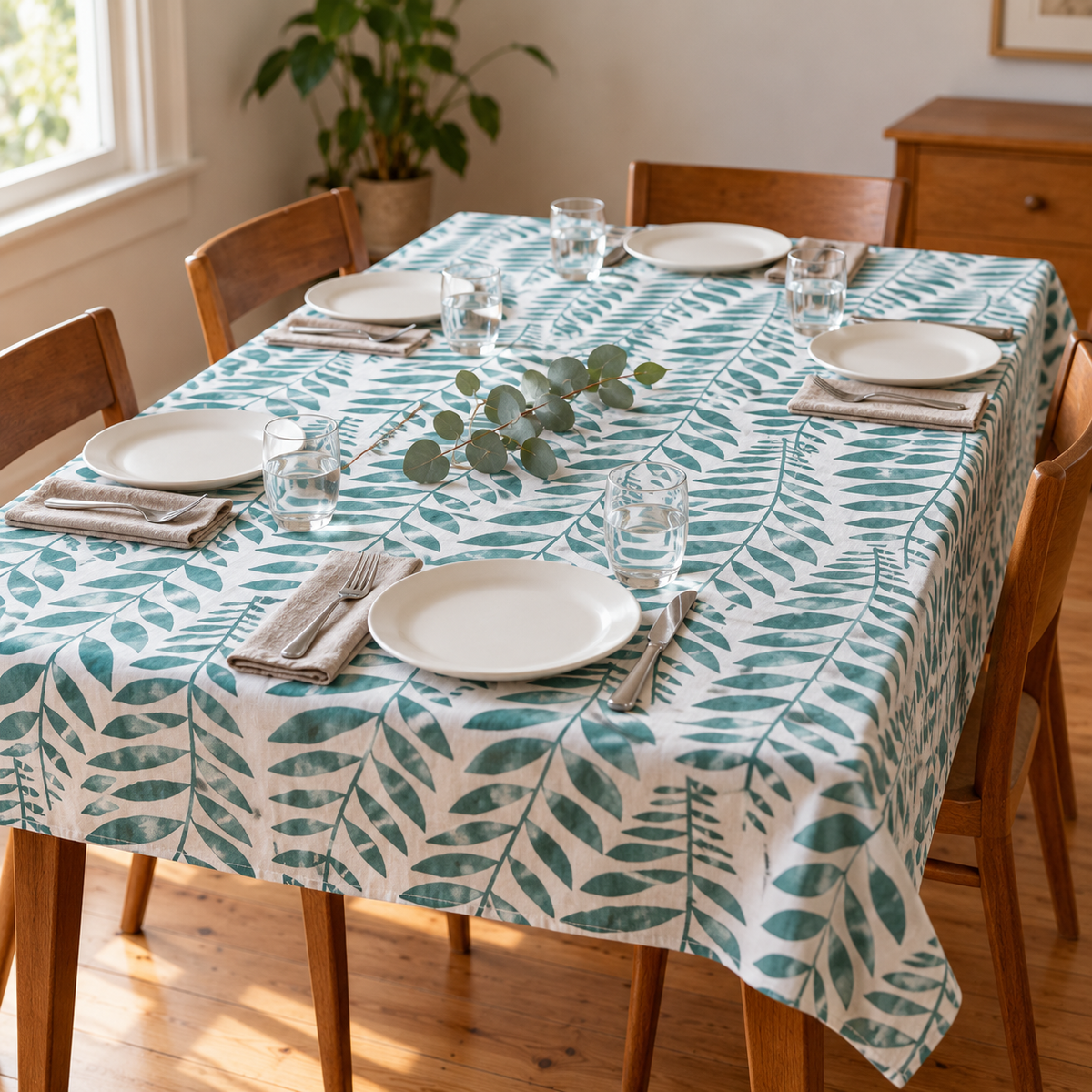 A rectangular dining table covered with a white tablecloth featuring a teal leaf pattern, set with white plates, folded beige napkins, clear drinking glasses, and a small eucalyptus sprig in the center. Wooden chairs and a warm interior room are visible.