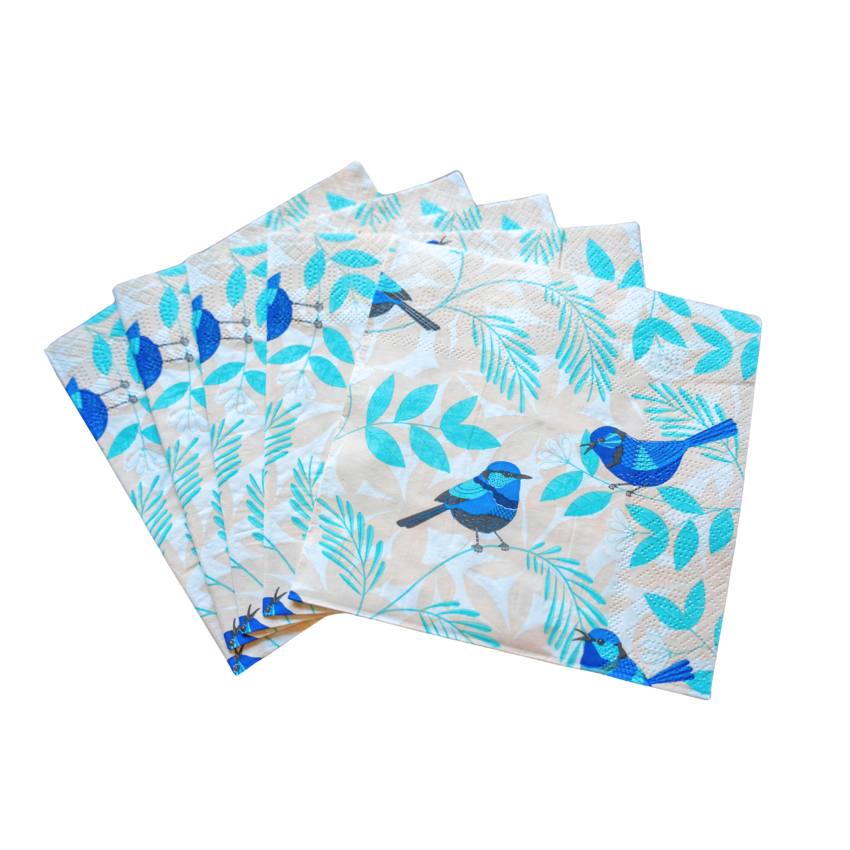 Four square paper napkins with a pattern of blue birds and light blue leaves on a beige background, arranged in a fan shape on a white background.
