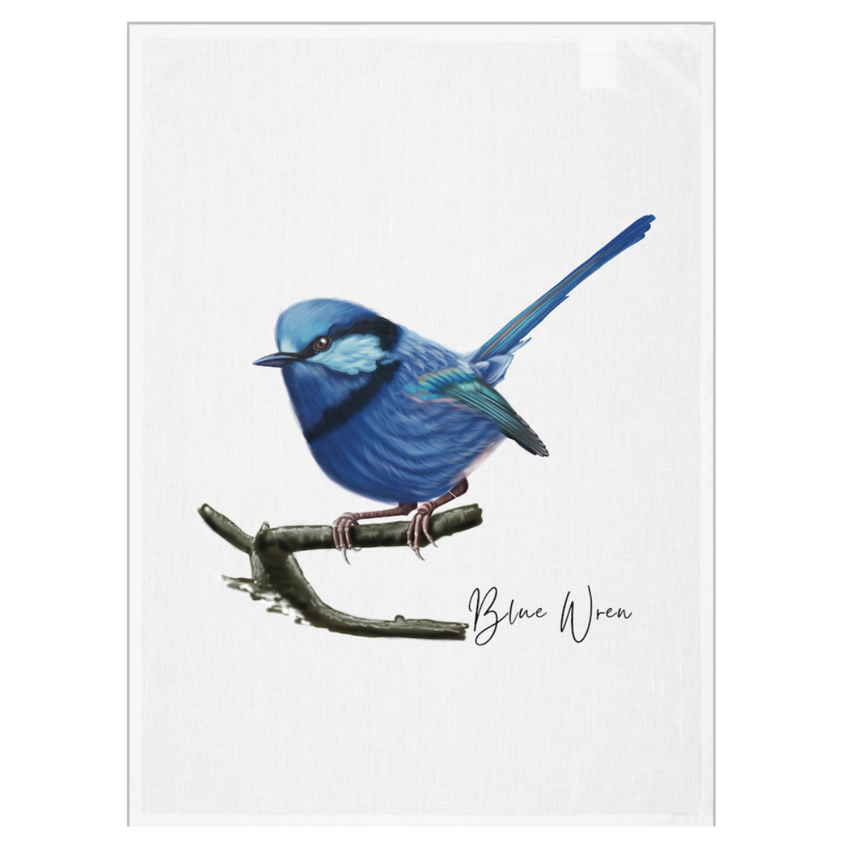 A square white tea towel or fabric print featuring a painted blue wren perched on a branch, with the words 'Blue Wren' in black script at the lower right.