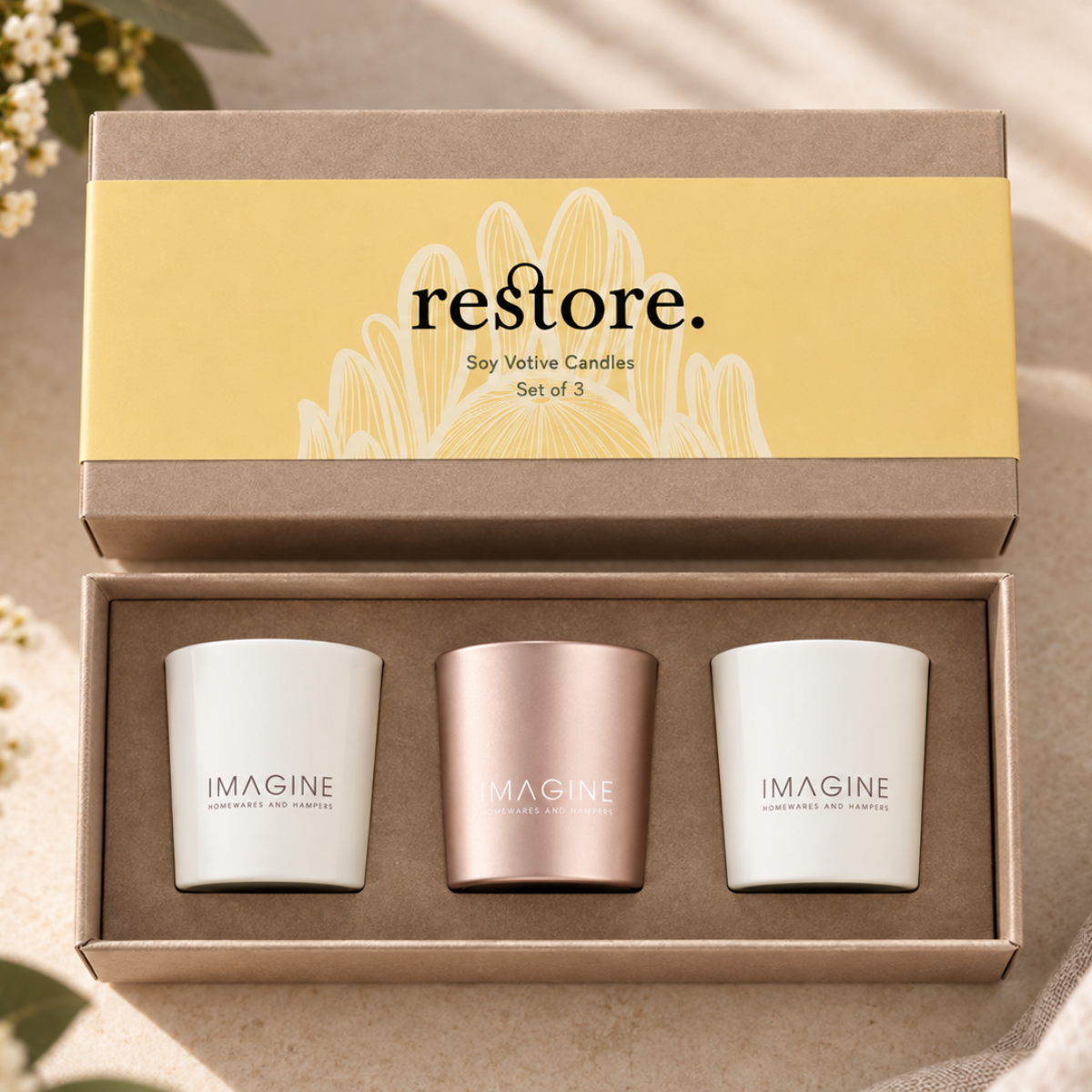 A boxed set of three soy votive candles from the brand IMAGINE, under the line name restore. The set is presented in an open kraft paper box with a yellow label on the lid.