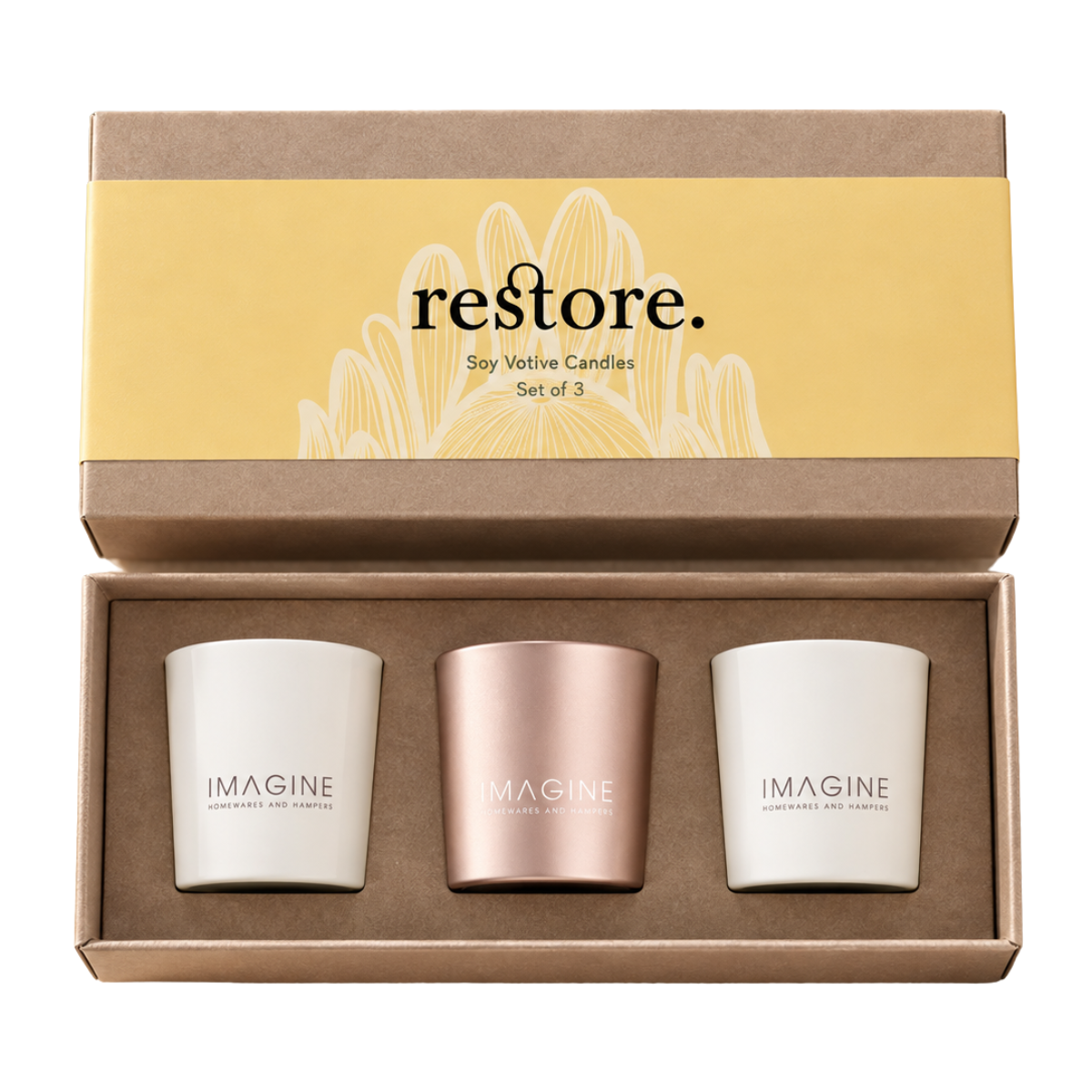 A three-candle soy wax candle gift set from Imagine Candle Co. under the brand restore.