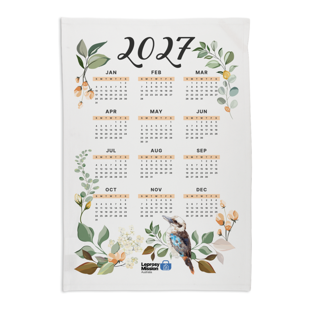 A white rectangular calendar towel featuring the year 2027 in large black script at the top, with monthly grids in muted peach and green botanical illustrations, including a kookaburra near the bottom. The Lepstonian logo appears at the bottom center.
