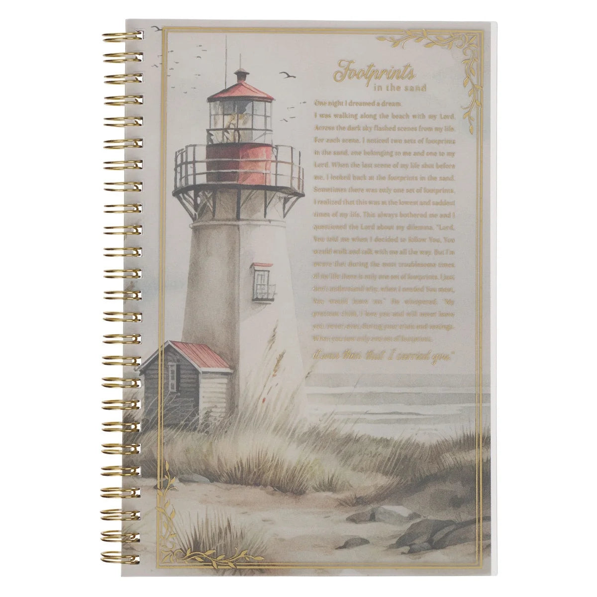 Notebook with a lighthouse illustration and text on the cover
