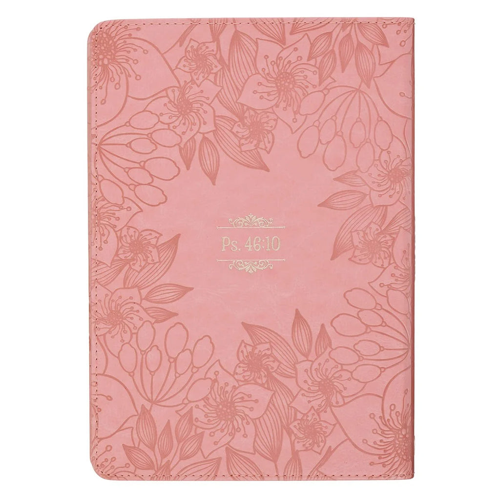 A pink folio-style tablet case with an embossed floral pattern and gold foil text reading 'Ps 48:10' in the center, shown on a plain white background.
