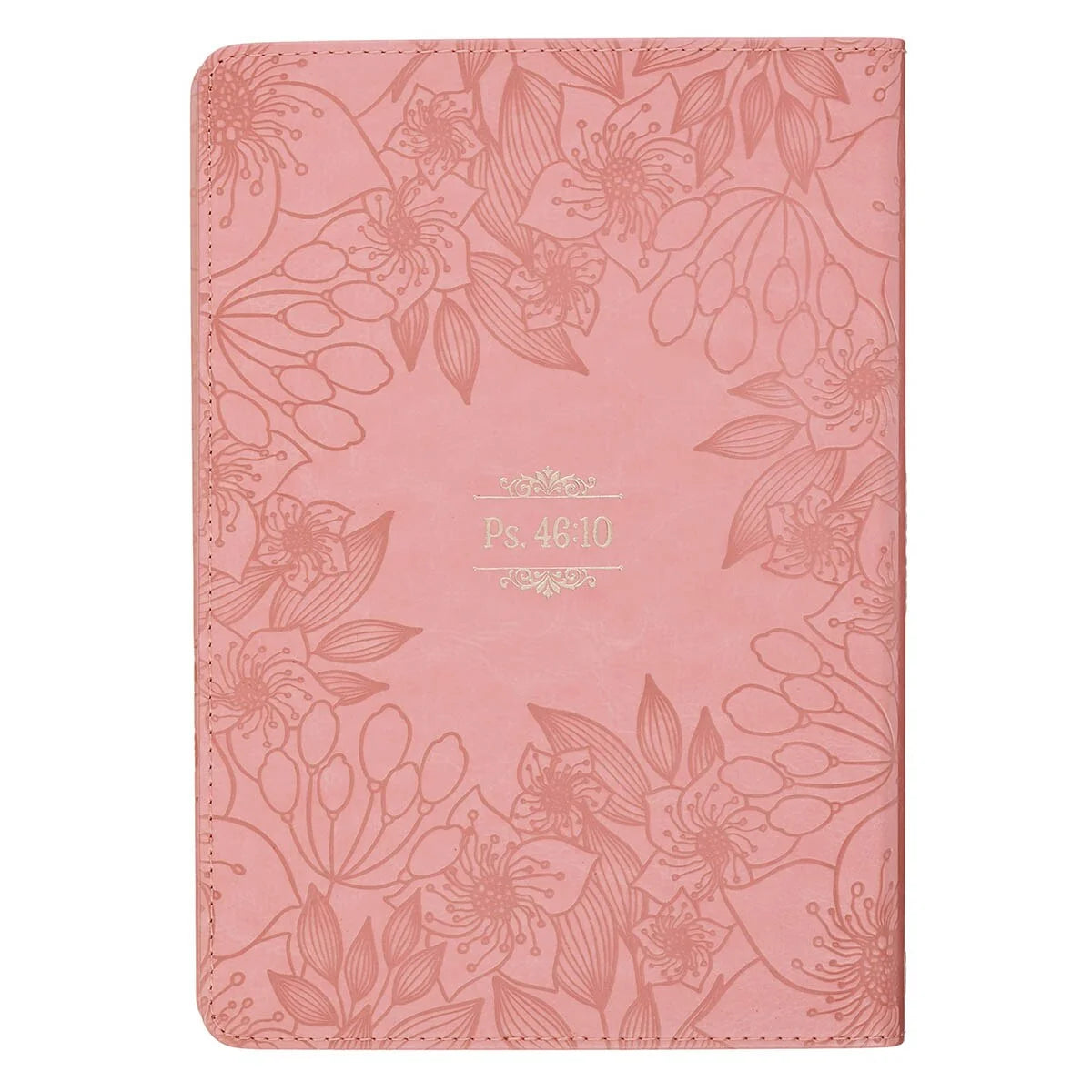A pink folio-style tablet case with an embossed floral pattern and gold foil text reading 'Ps 48:10' in the center, shown on a plain white background.