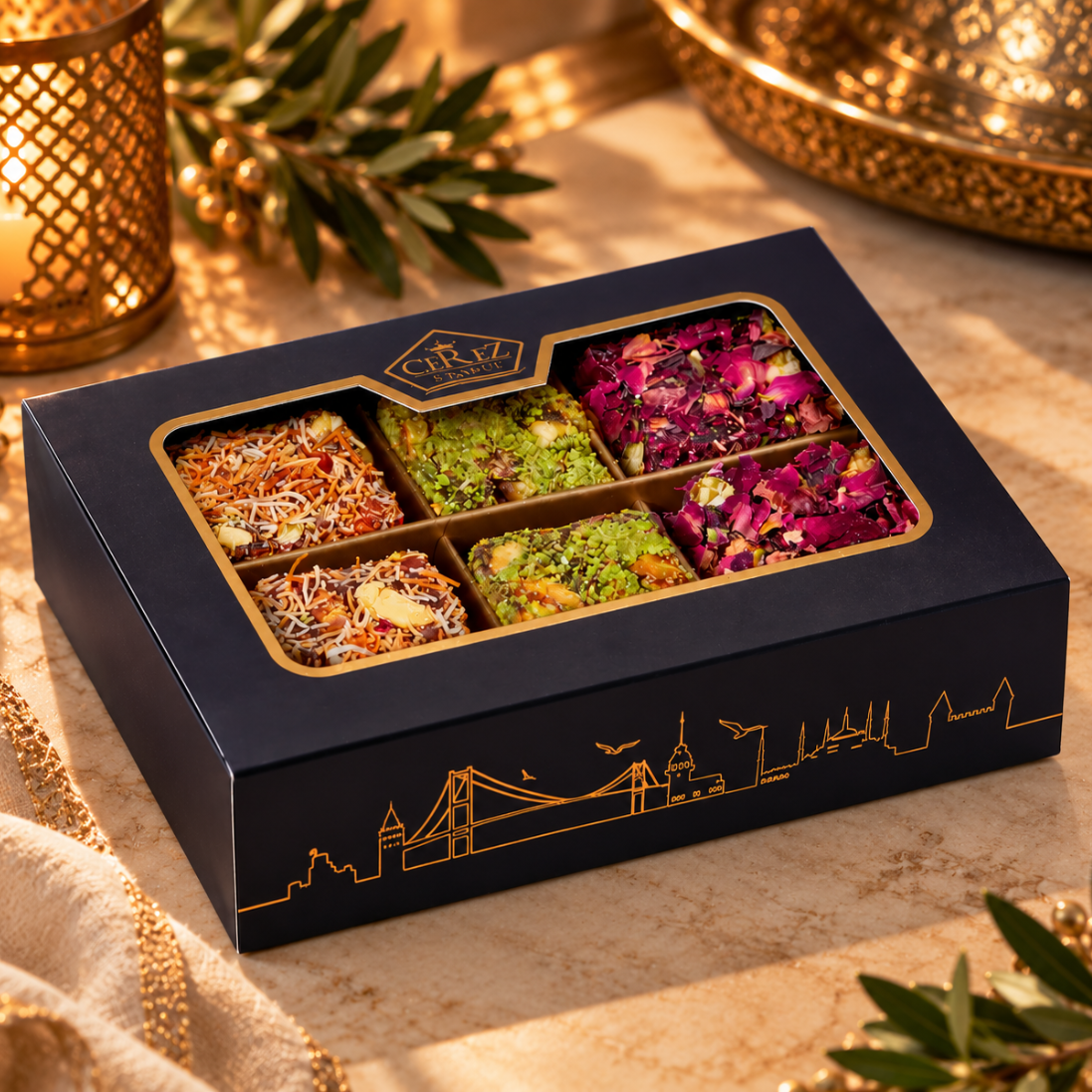 A luxury gift box of six colorful Turkish delight pieces in a navy blue box with gold detailing, styled on a warm beige surface with candles and green leaves.