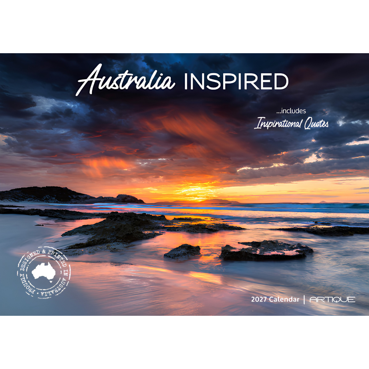 Australia Inspired 2027 wall calendar cover by Arteque, featuring a dramatic coastal sunset scene with orange and red sky, dark clouds, and reflective water, with white text reading 'Australia INSPIRED' and '2027 Calendar | ARTQUE'.