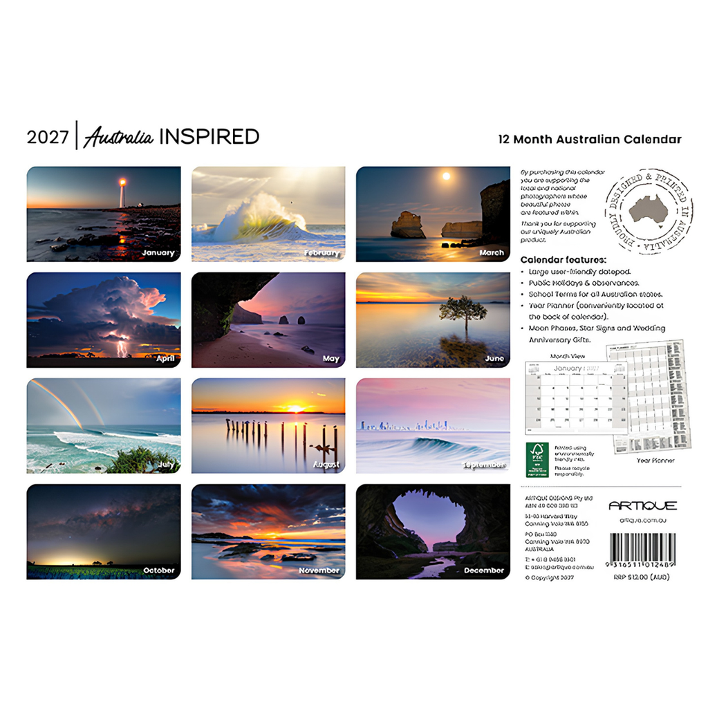 Back cover of a 2027 Australia Inspired 12 Month Australian Calendar by Artique, featuring a grid of twelve landscape photographs with labels for each month, product features text, a circular Australia map, a monthly calendar preview, and a barcode.