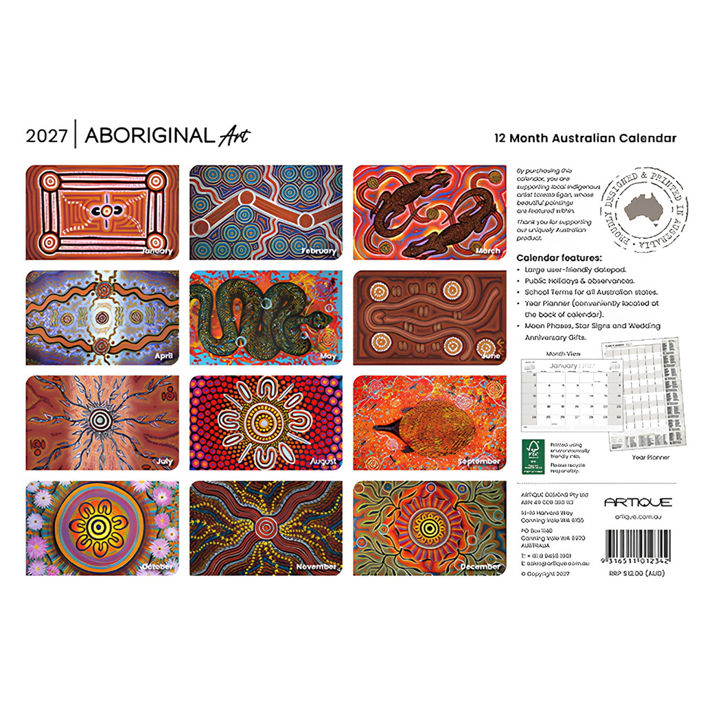 Back cover of the 2027 Aboriginal Art 12 Month Australian Calendar by Artouk, featuring a grid of twelve Aboriginal art prints with various colorful patterns, alongside product details, a calendar features list, a barcode, and a circular logo.