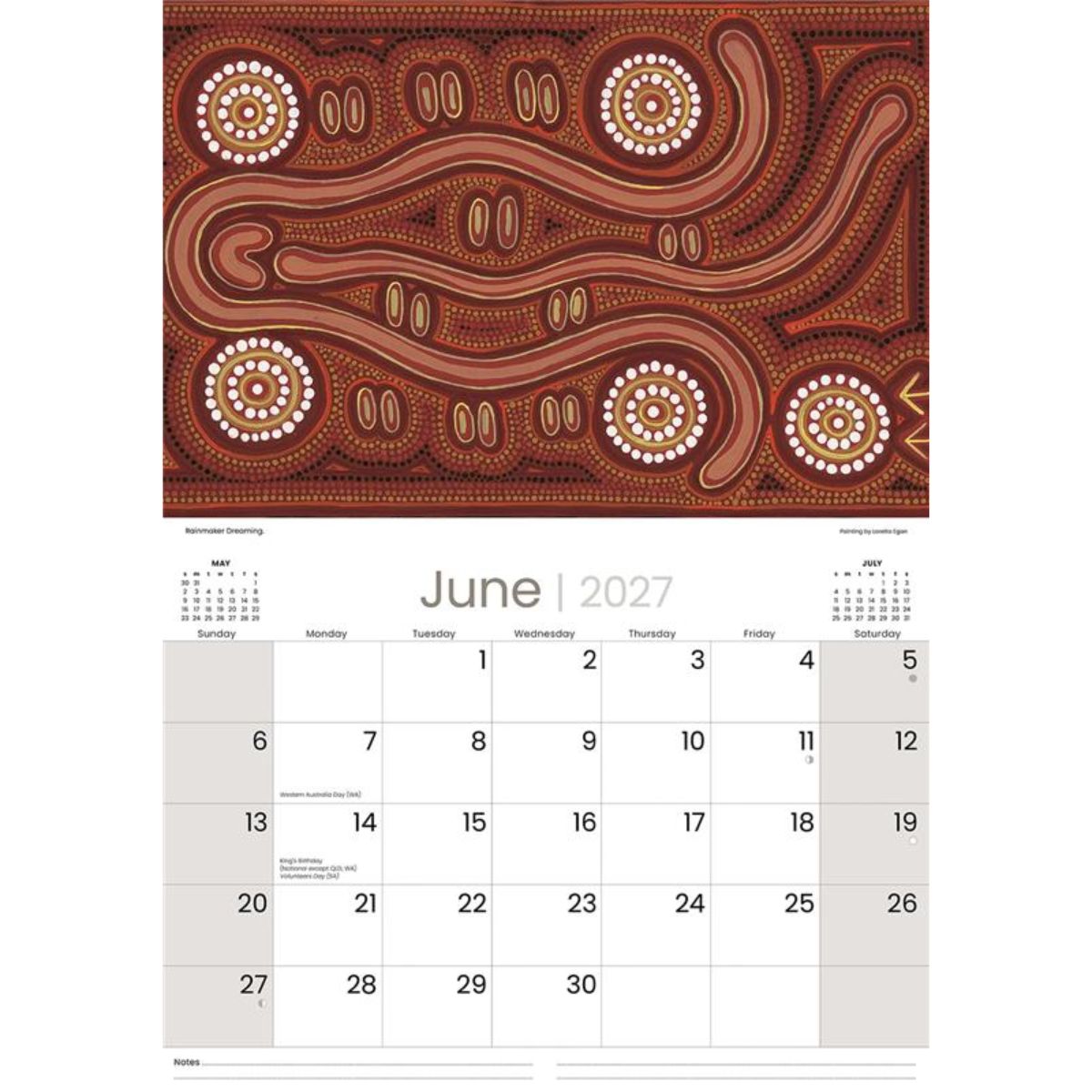 A wall calendar page for June 2027 featuring an Aboriginal Australian-inspired artwork in earthy red, brown, tan, and white tones above a monthly calendar grid.