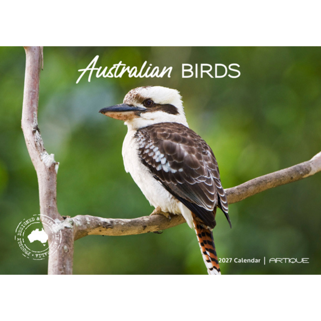 Australian birds wall calendar cover featuring a kookaburra perched on a branch against a soft green natural background, with the title 'Australian BIRDS' and '2027 Calendar | ARTIQUE' text.