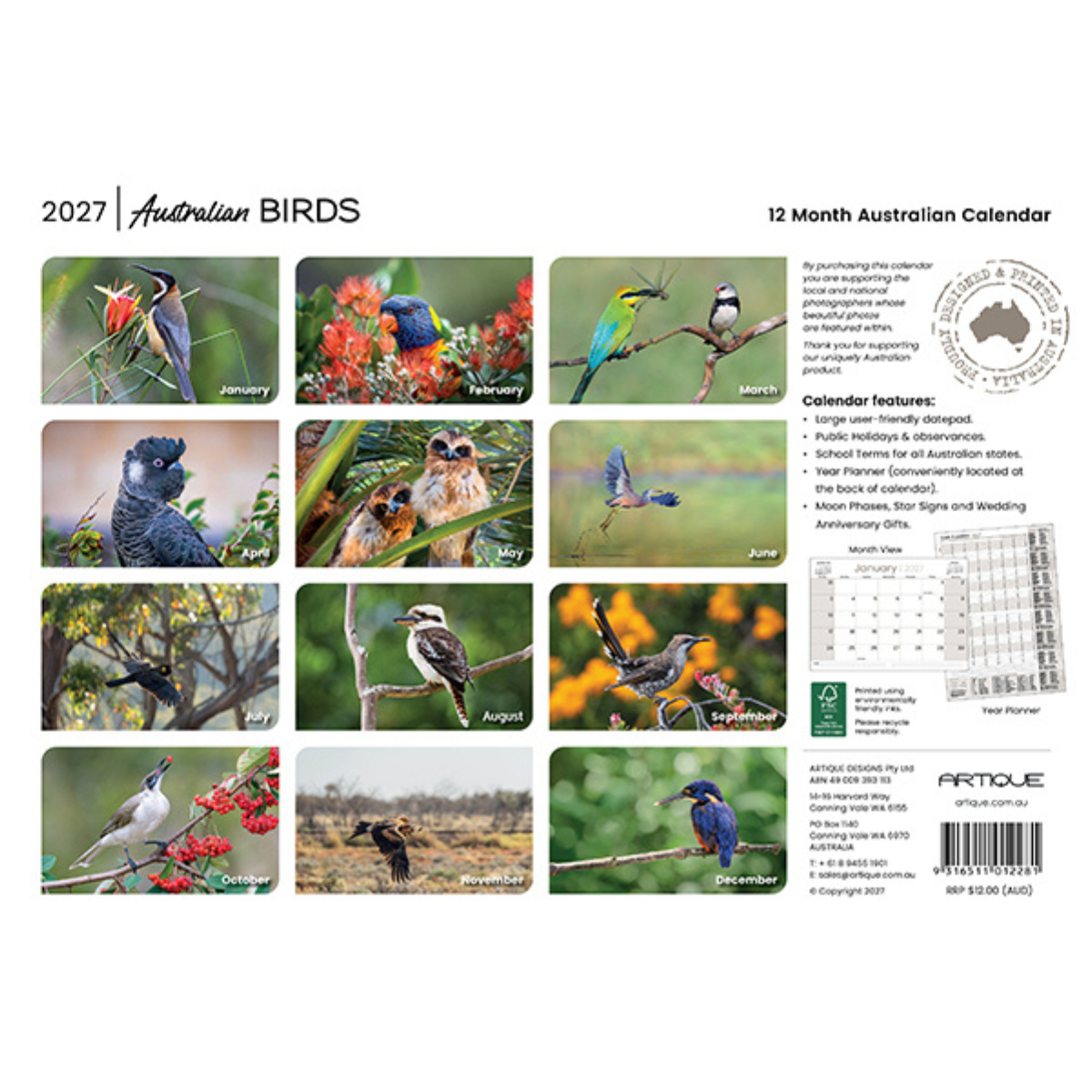 2027 Australian Birds 12-Month Calendar page showing a grid of bird photographs, calendar features text, a map outline of Australia, a monthly calendar grid, and the ARTIQUE logo and barcode.