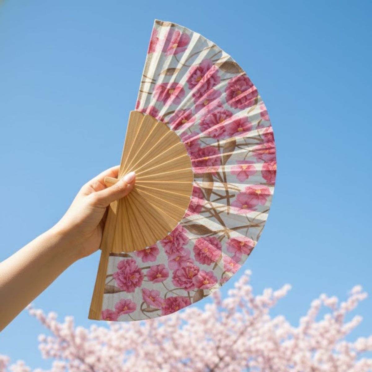 Hand holding a floral-patterned fan against a clear blue sky with cherry blossoms.