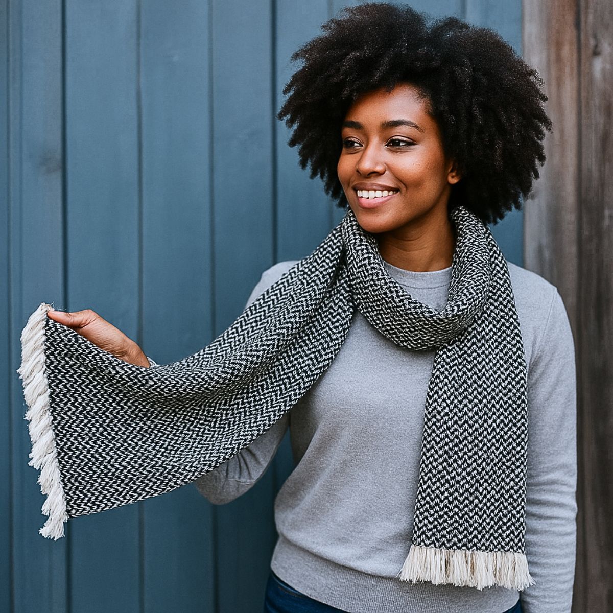 Wool Herringbone B&W Scarf