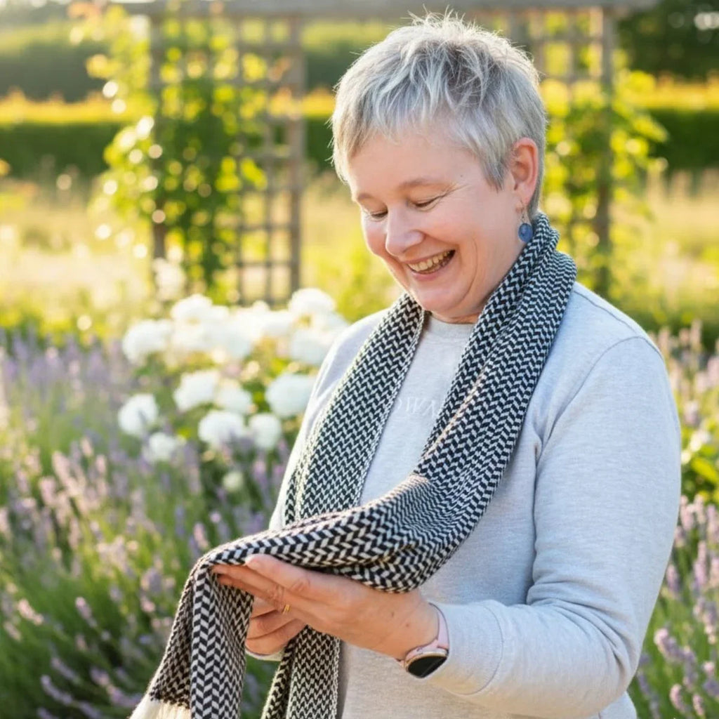 Woman with a black and white patterned scarf standing in a garden with lavender and flowers.