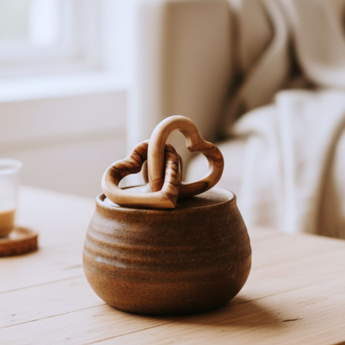 Ceramic jar with heart-shaped handles on a wooden surface