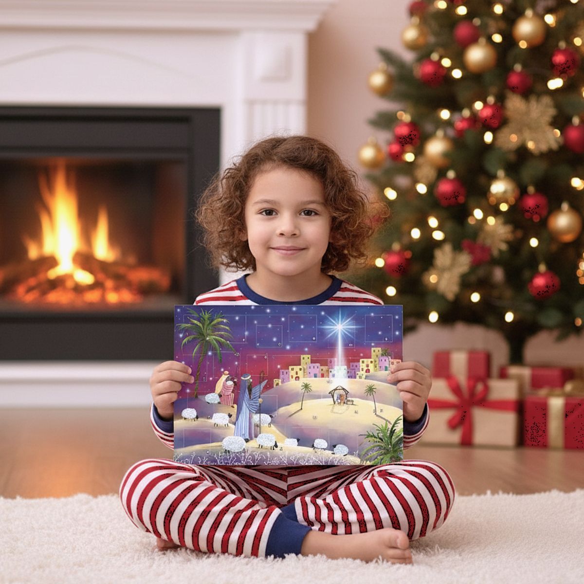 Child holding a Christmas scene picture in front of a fireplace and decorated tree.