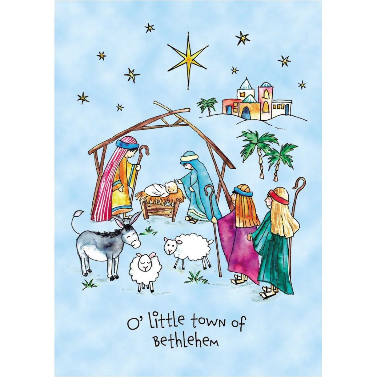 Nativity scene illustration with Mary, Joseph, baby Jesus, donkey, and sheep on a blue background.