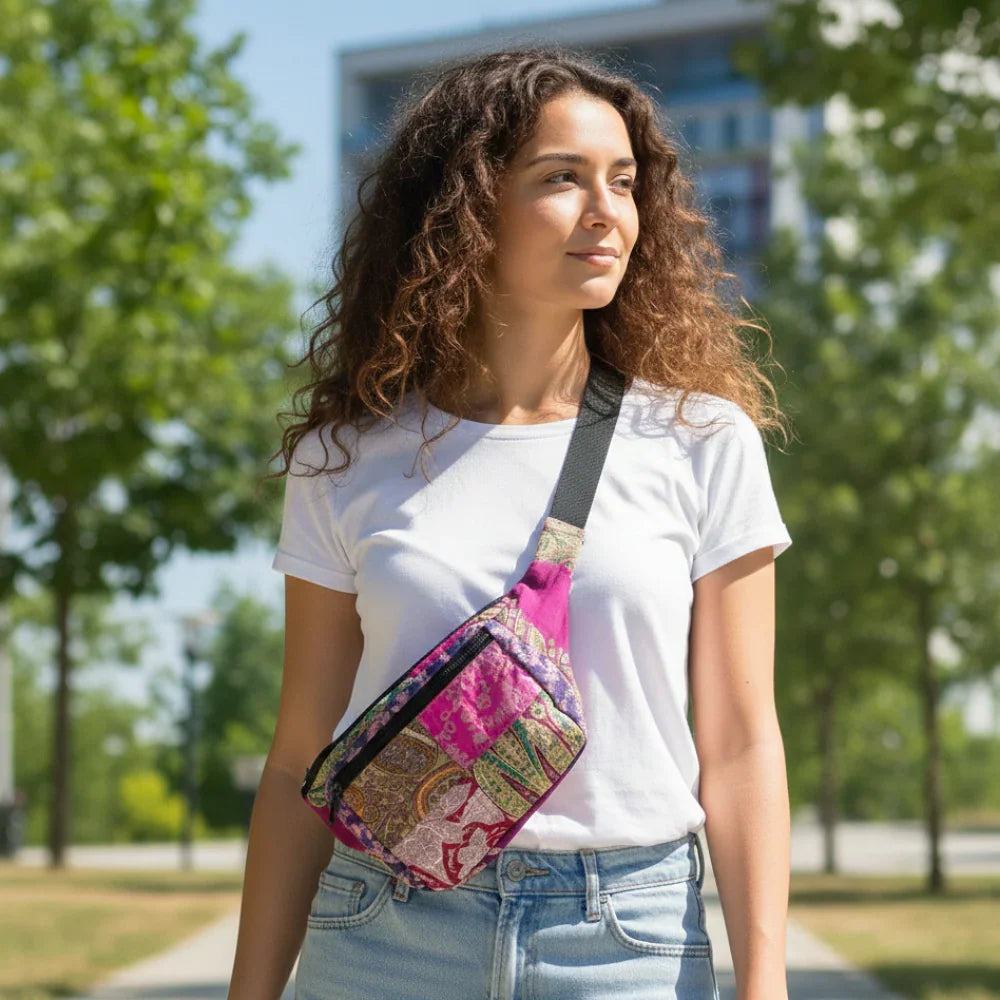 Woman with a colorful patterned bag standing outdoors