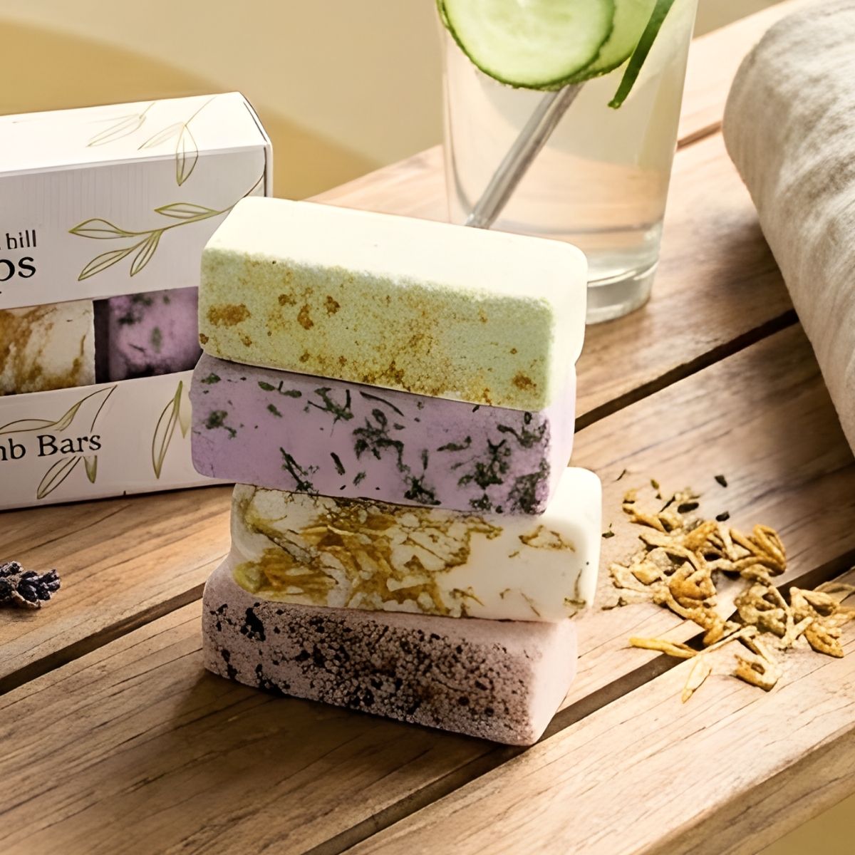 Stack of soap bars with a box labeled 'Soap Bars' on a wooden surface.