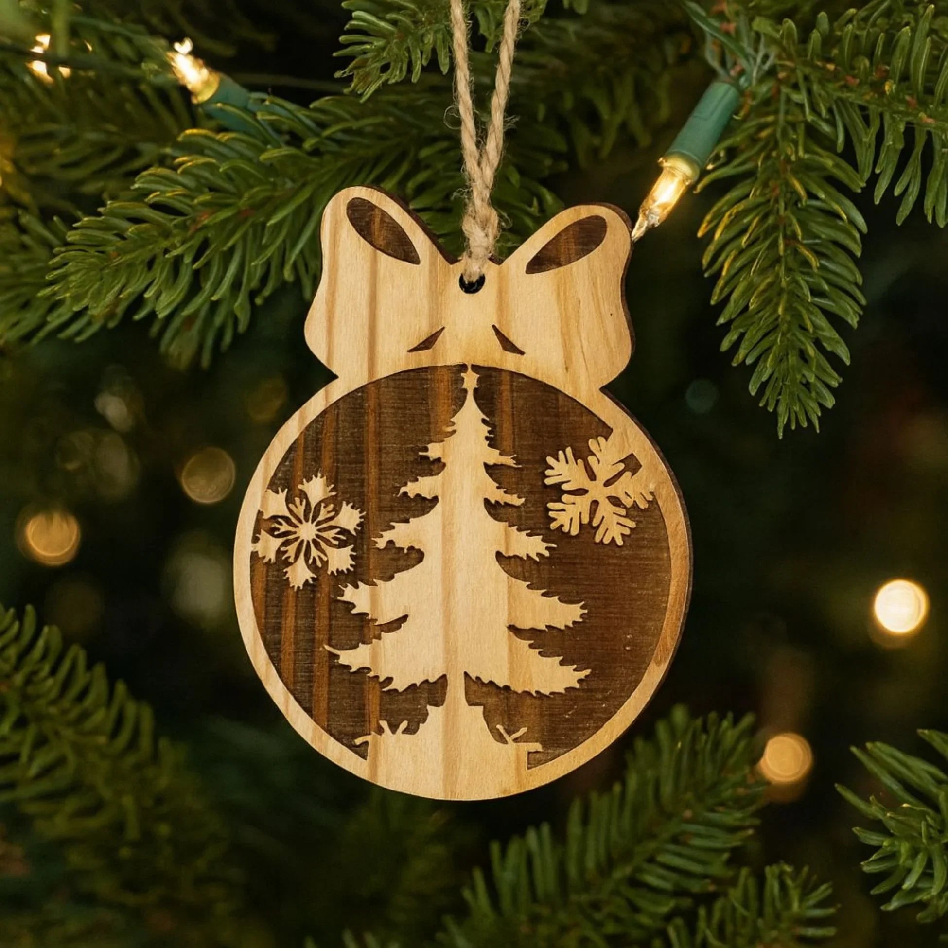 Pine Wood Tree & Bow Christmas Ornaments