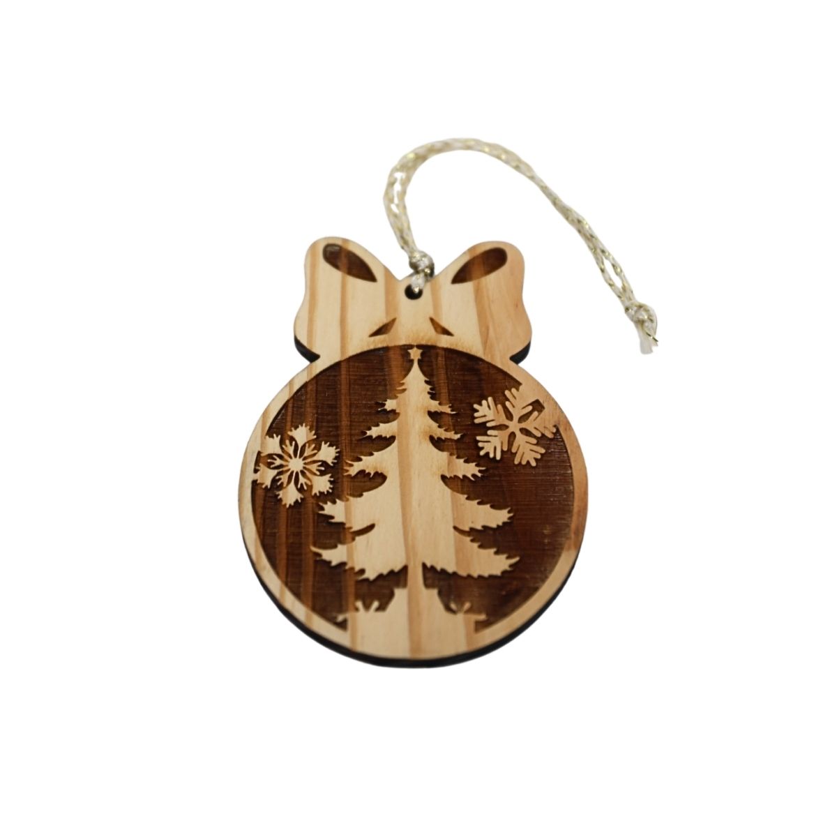 Pine Wood Tree & Bow Christmas Ornaments