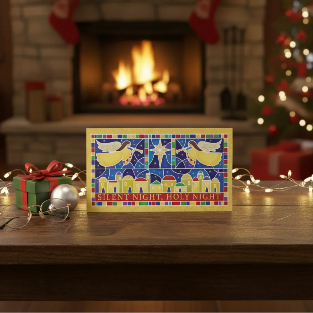 Christmas card with nativity scene design on a wooden table with festive background
