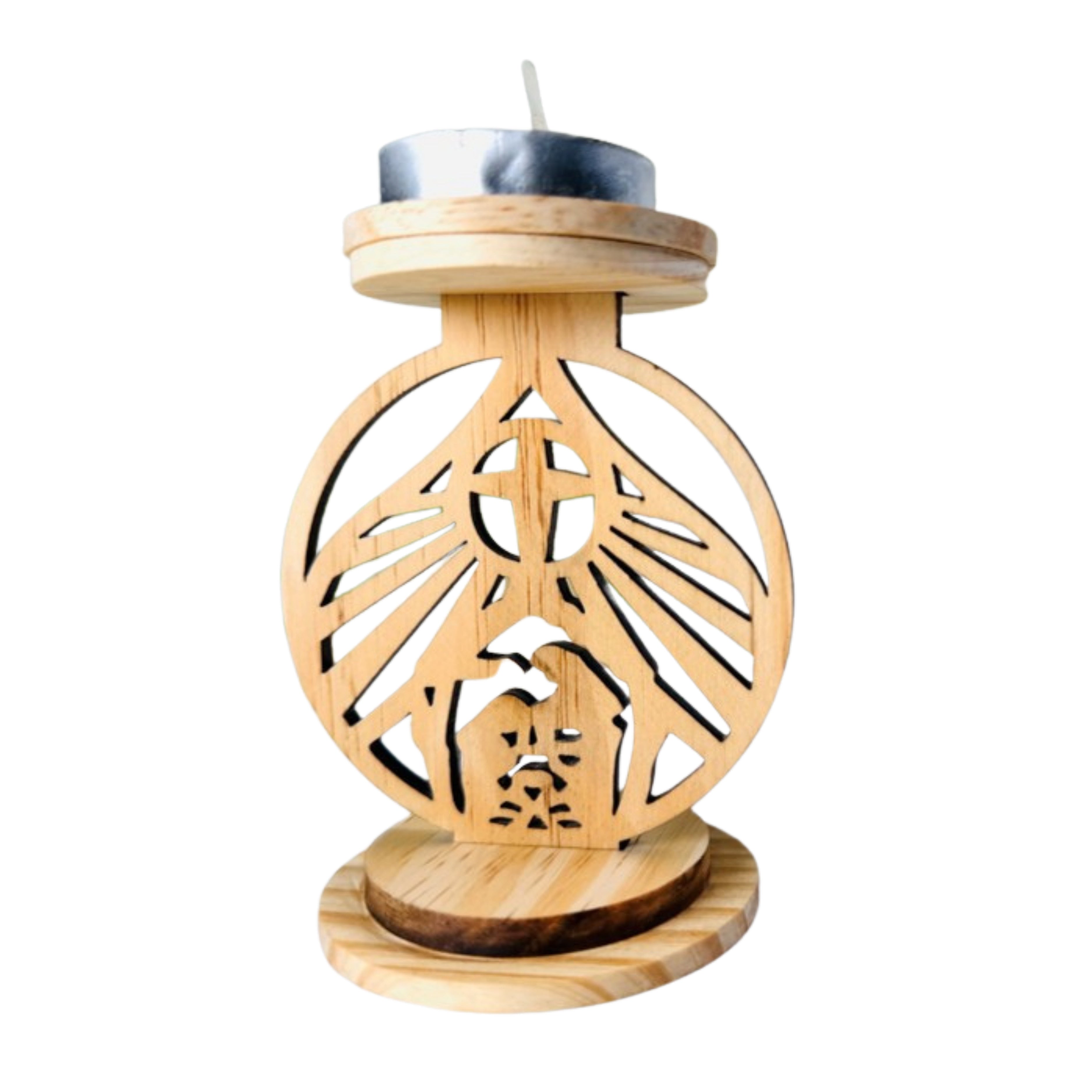 Wooden candle holder with cut-out design on a white background