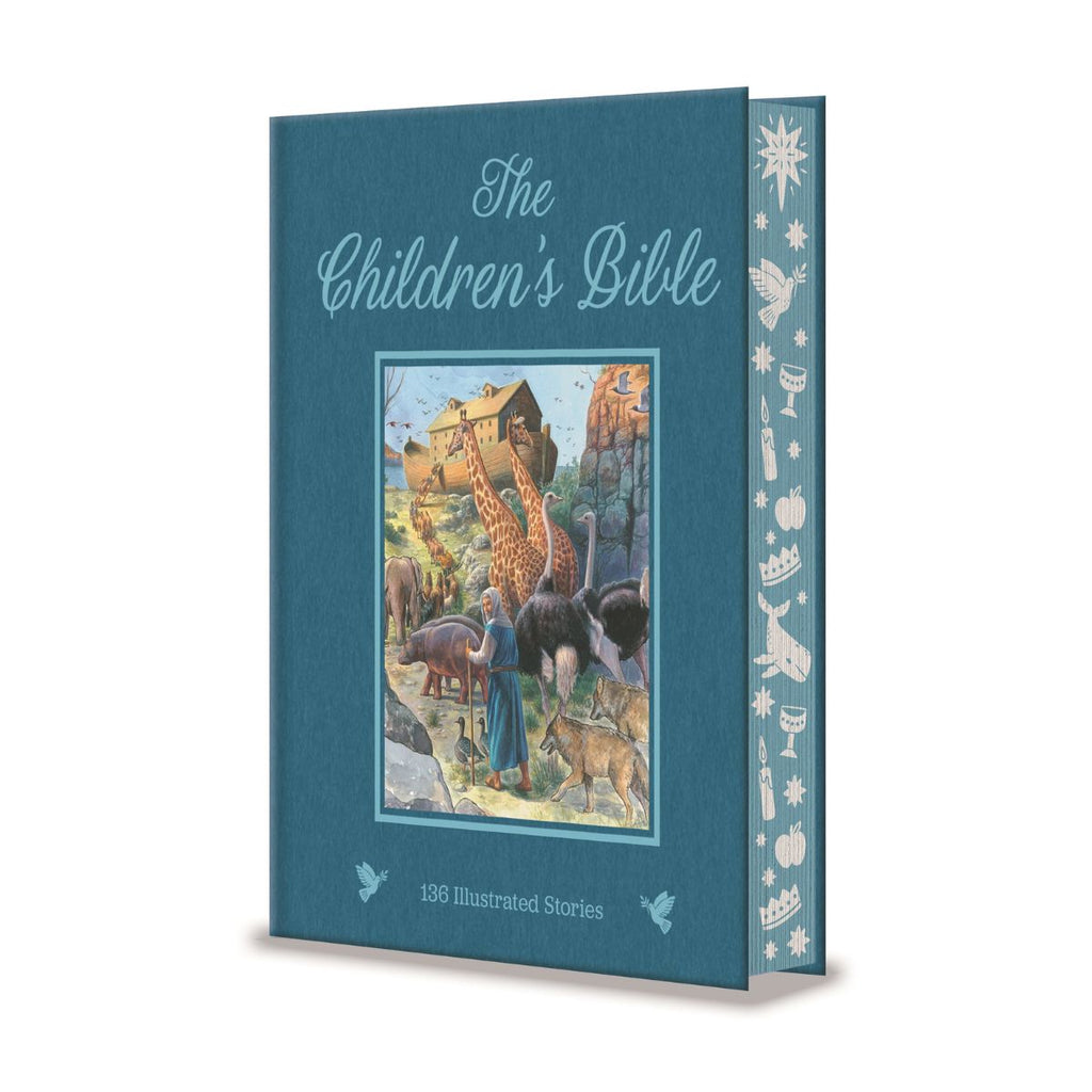 Children's Bible with colorful illustrations on a blue background