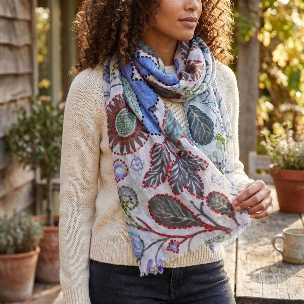 Kantha Embroidered Merino Wool Scarf