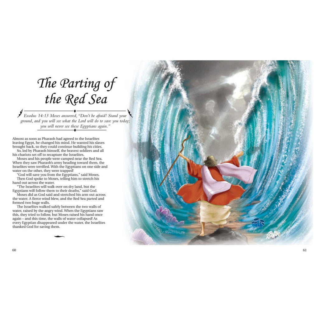 Illustration of Moses parting the Red Sea with text on a white background