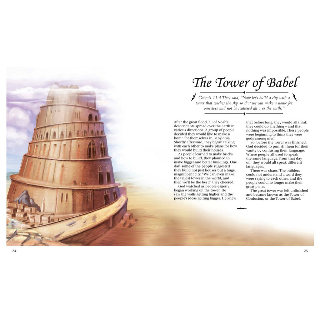 Illustration of the Tower of Babel with text on a white background