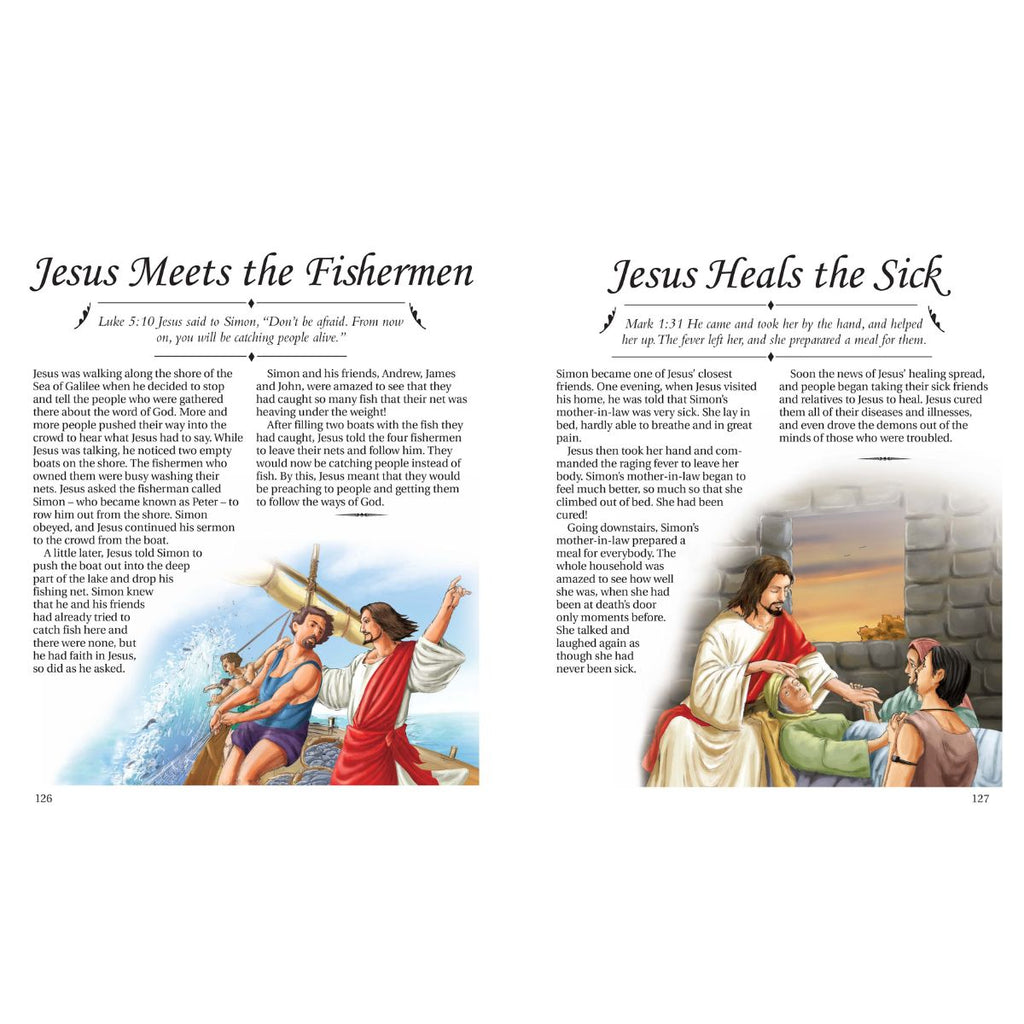 Illustrated book page showing Jesus meeting fishermen and healing the sick.