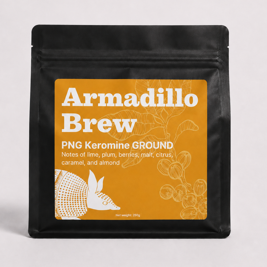 Armadillo Brew coffee package on a light gray background