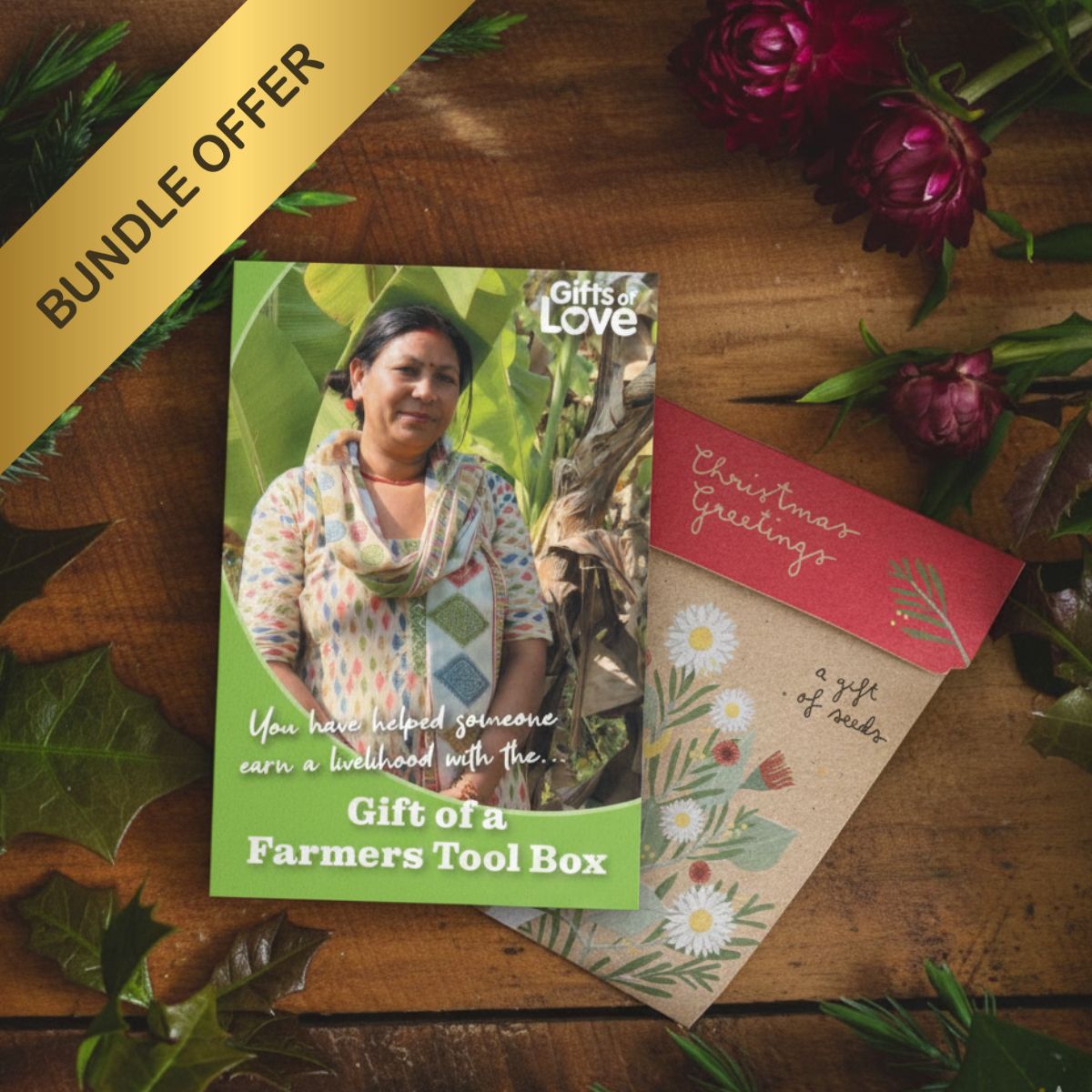 Promotional image of a 'Gift of a Farmers Tool Box' with a woman on a green card, surrounded by flowers and leaves.