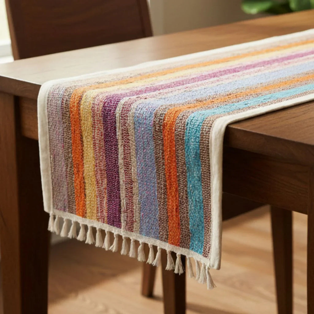 Colorful striped table runner on a wooden table