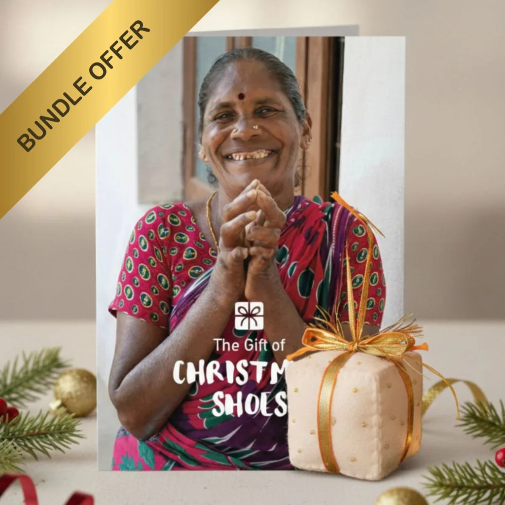 Card with a woman and a gift, featuring 'The Gift of Christmas Shoes' text, with a bundle offer label.