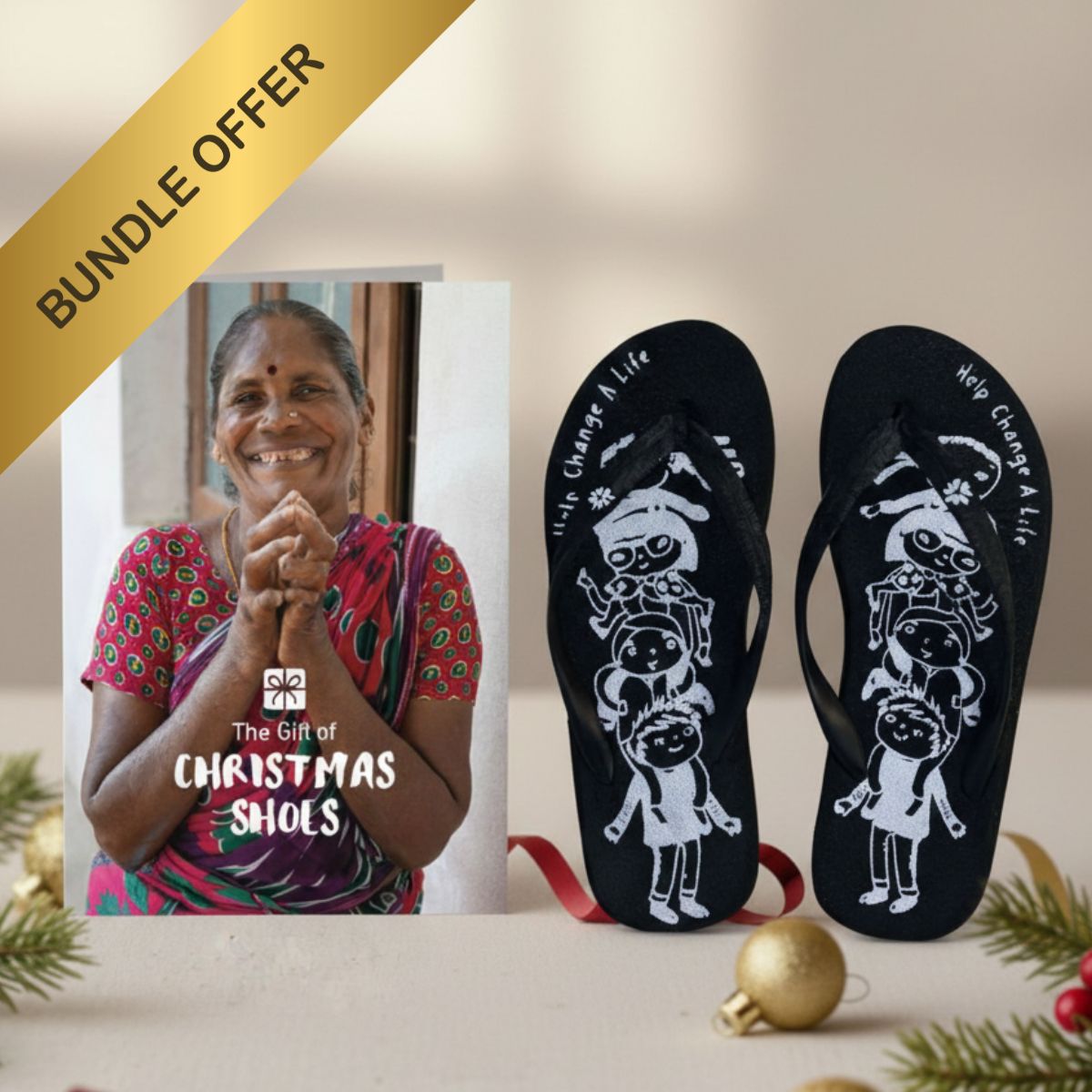 Black flip-flops with white designs and a woman smiling, promoting 'The Gift of Christmas Shoes' bundle offer.