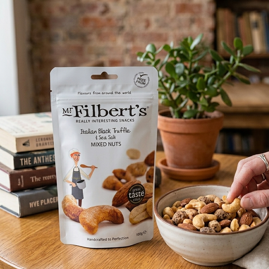 A stand-up pouch of Mr. Filbert's Italian Black Truffle mixed nuts stands on a wooden table beside a bowl of nuts, with a person's hand reaching in.